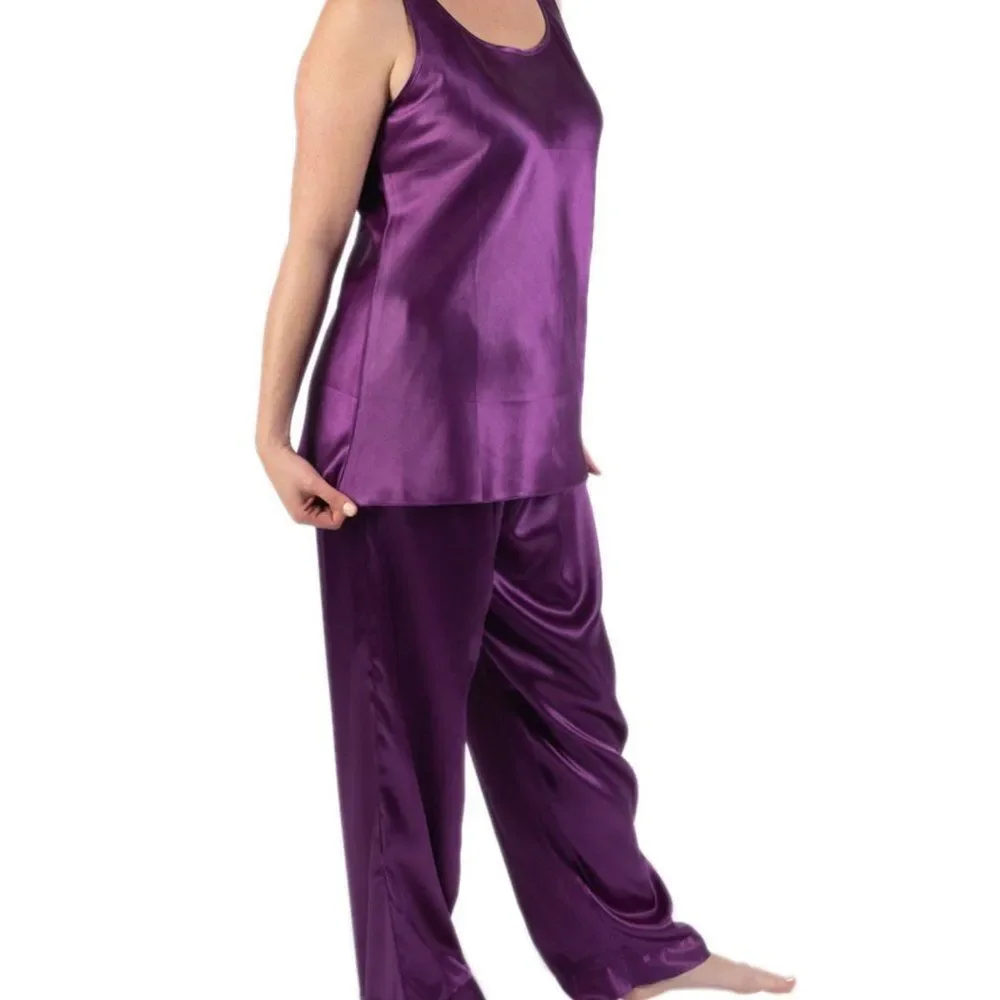 Satin Sleeveless A Line Top Pajama Set  Purple L